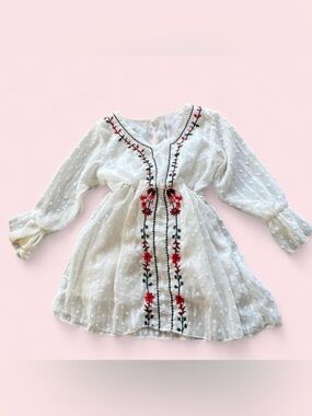 White Embroidered Floral Girls' Dress - Red Floral Detail